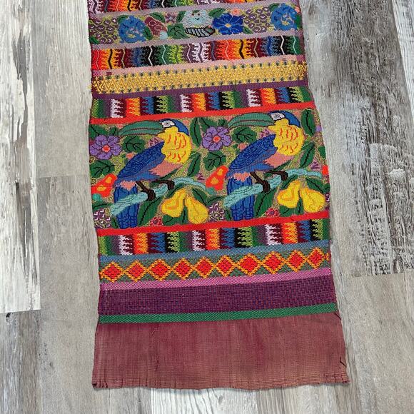 Vintage Guatemalan Table Runner Parrot Embroidery Mayan Handwoven Boho Decor - Picture 2 of 7